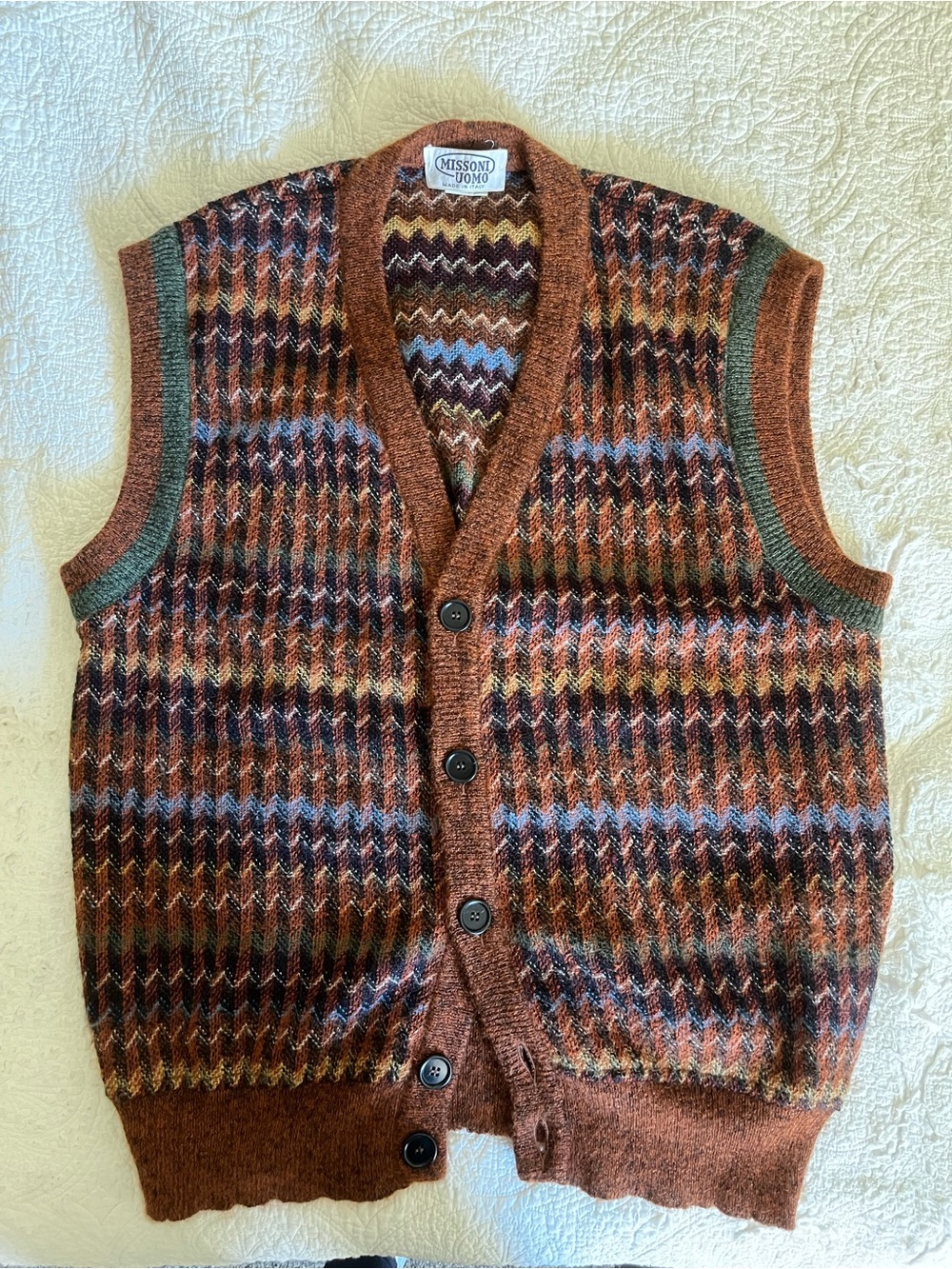Vintage Missoni Uomo Brown Chevron Knit Vest - Men's Button-Up Sweater Vest